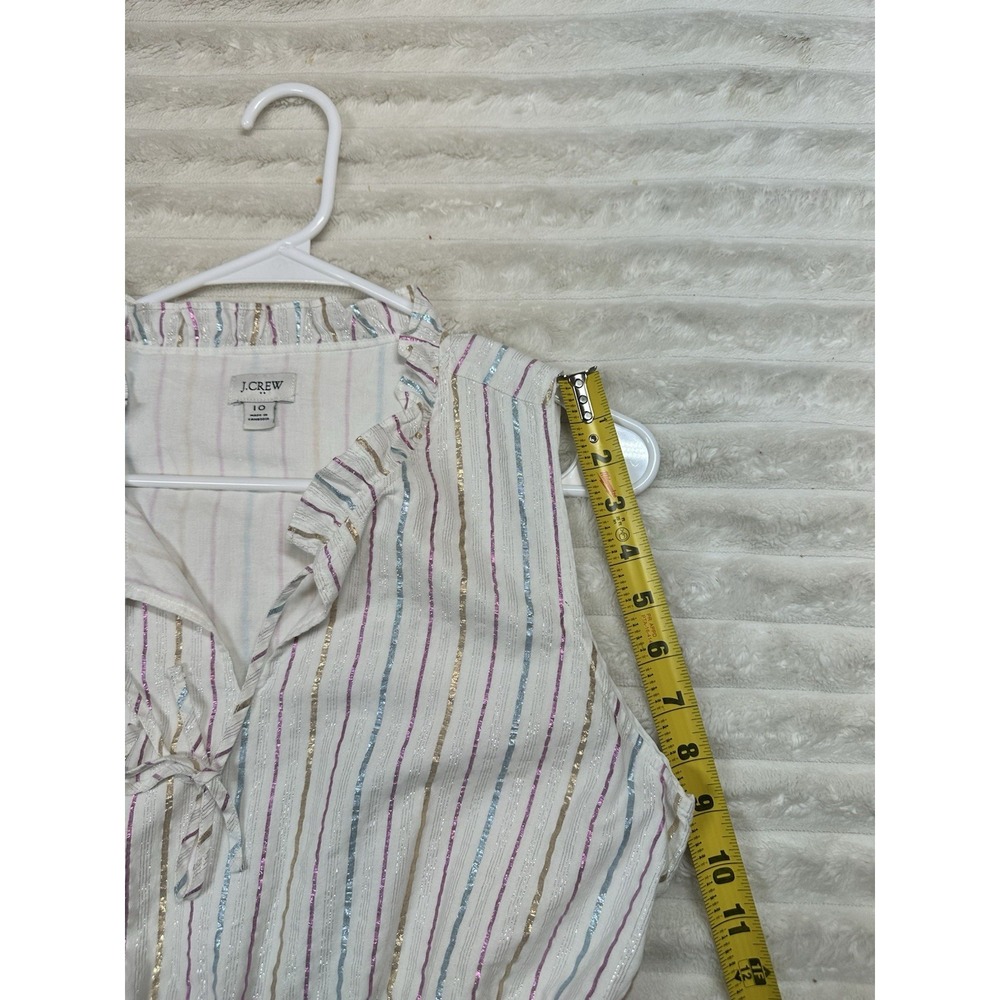 J Crew‎ Dress Women's White Multi Metallic Shimmer Stripe Ruffle Trim Midi 10 - Picture 13 of 15